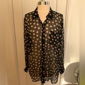 Equipment size large silk black and ivory sheer polka dot button up shirt.